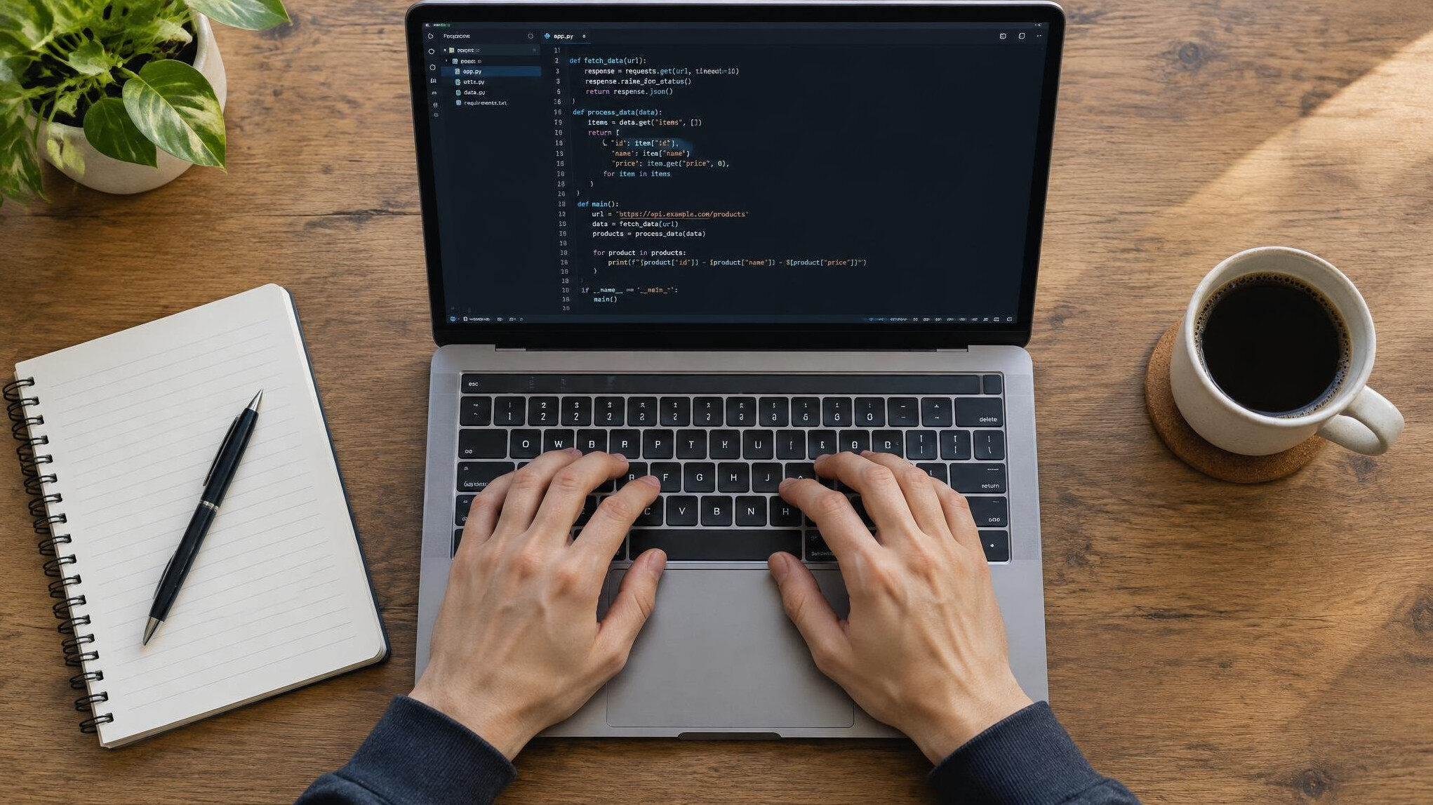 Hands typing on a laptop with code on the screen next to a notebook