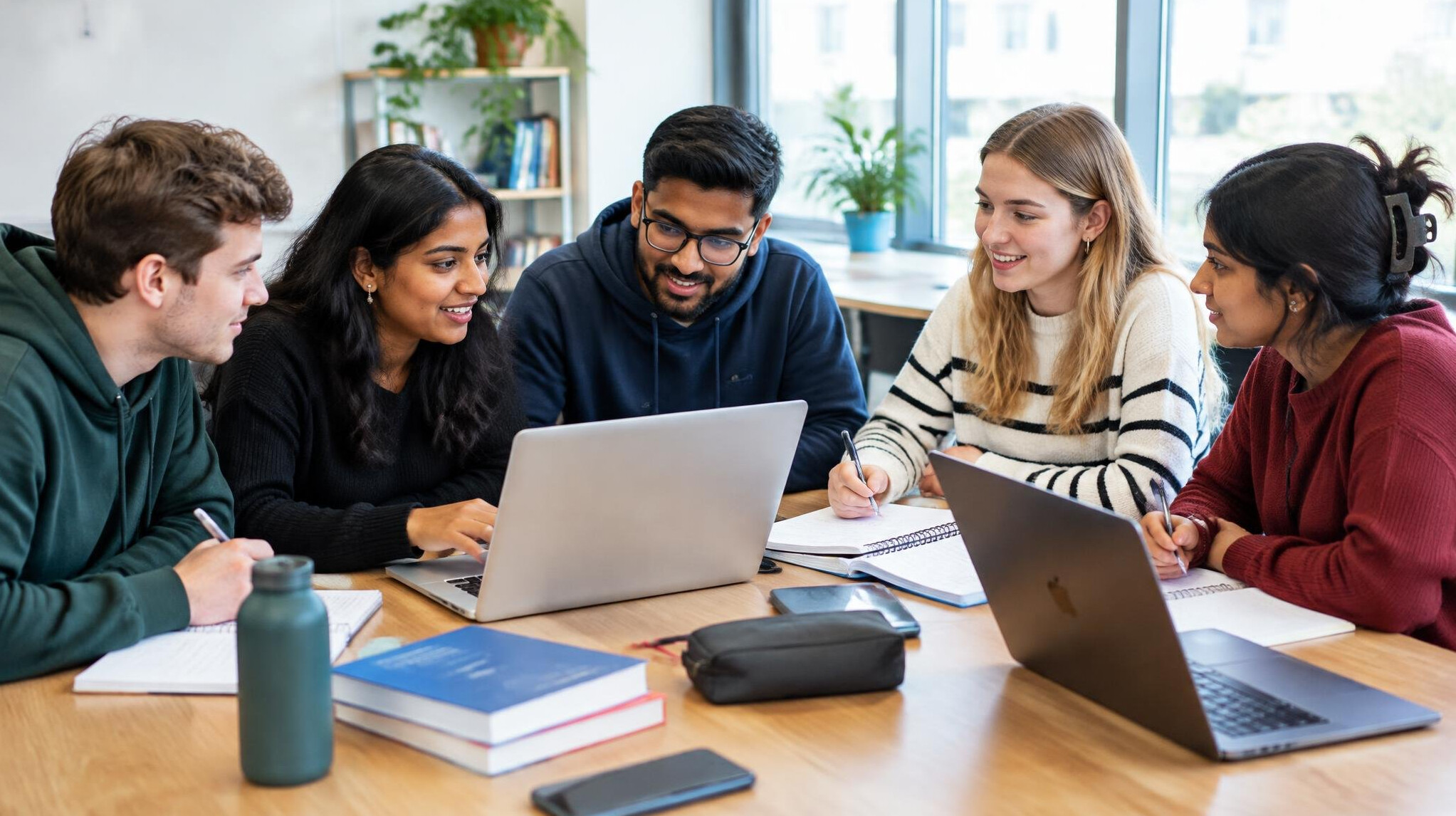 Group of students studying together around a table with laptops