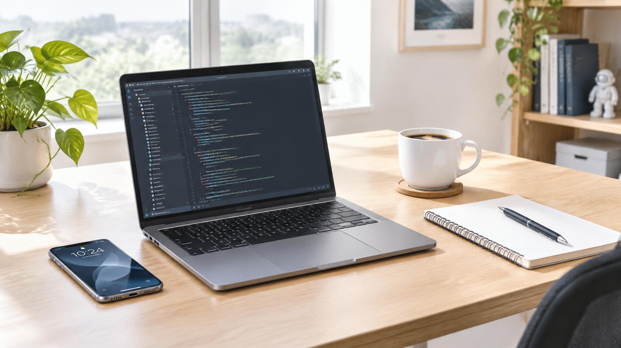 Laptop with code editor open beside a coffee cup and a phone on a desk
