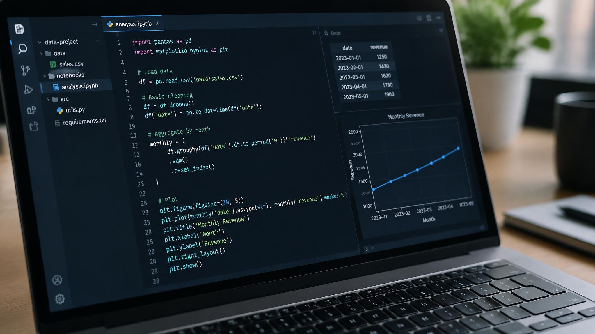 Laptop displaying Python style code with syntax highlighting